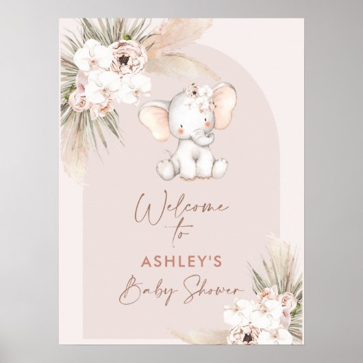 Cute Elephant Floral Boho Arch Baby shower Welkom Poster (Voorkant)
