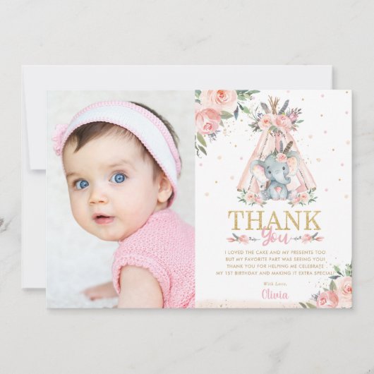 Cute Elephant Floral Boho Tribal Birthday Foto Bedankkaart (Voorkant)