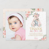Cute Elephant Floral Boho Tribal Birthday Foto Bedankkaart (Voorkant / Achterkant)