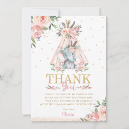 Cute Elephant Floral Boho Tribal Birthday Party  Bedankkaart