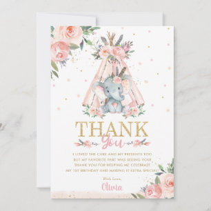 Cute Elephant Floral Boho Tribal Birthday Party  Bedankkaart