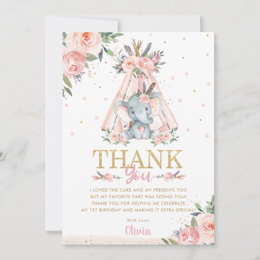 Cute Elephant Floral Boho Tribal Birthday Party  Bedankkaart (Voorkant)