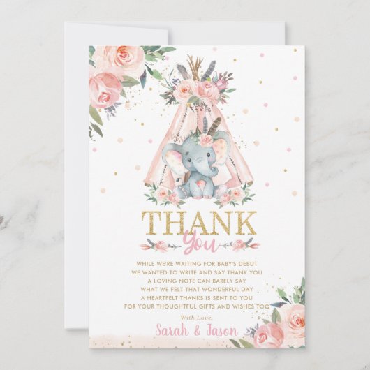 Cute Elephant Floral Boho Tribal Girl Baby shower Bedankkaart (Voorkant)
