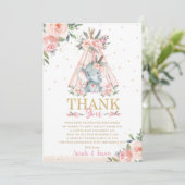 Cute Elephant Floral Boho Tribal Girl Baby shower Bedankkaart (Staand voorkant)