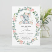 Cute Elephant Floral Greenery Baby shower Girl Kaart (Staand voorkant)
