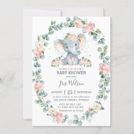 Cute Elephant Floral Greenery Baby shower Girl Kaart