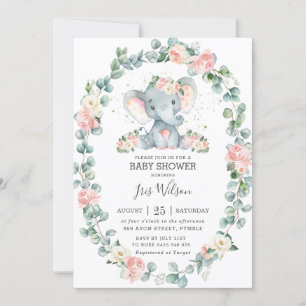 Cute Elephant Floral Greenery Baby shower Girl Kaart