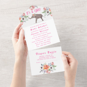 Cute Elephant Flowers Roze Het is een meisje Baby  All In One Uitnodiging