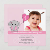 Cute Elephant Foto First 1st Birthday Party Kaart (Voorkant / Achterkant)