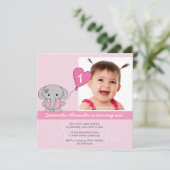 Cute Elephant Foto First 1st Birthday Party Kaart (Staand voorkant)