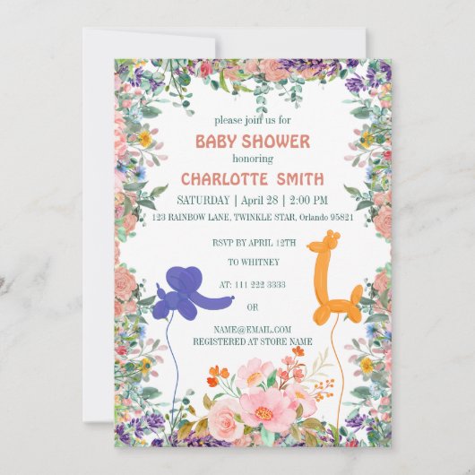 Cute elephant giraffe ballon floral baby shower kaart (Voorkant)