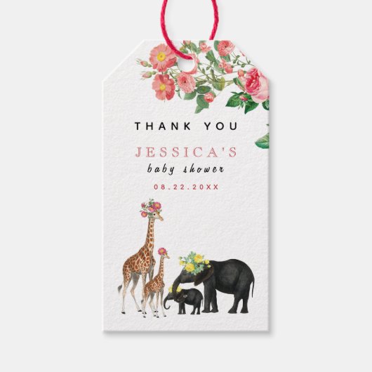 Cute Elephant & Giraffe Floral Baby shower Girl Cadeaulabel (Voorkant)