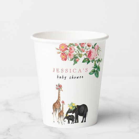 Cute Elephant & Giraffe Floral Baby shower Girl Papieren Bekers (Achterkant)