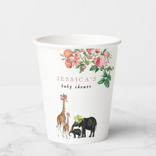 Cute Elephant & Giraffe Floral Baby shower Girl Papieren Bekers (Voorkant)