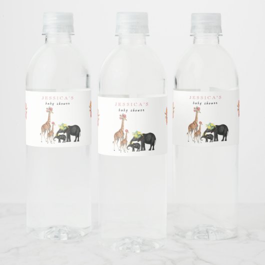 Cute Elephant & Giraffe Floral Baby shower Girl Waterfles Etiket (Flessen)