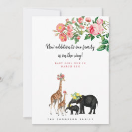 Cute Elephant Giraffe Floral Pregnancy Announcemt Kaart