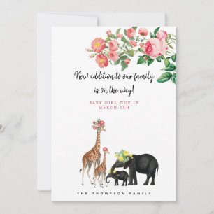 Cute Elephant Giraffe Floral Pregnancy Announcemt Kaart