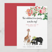 Cute Elephant Giraffe Floral Pregnancy Announcemt Kaart (Voorkant / Achterkant)