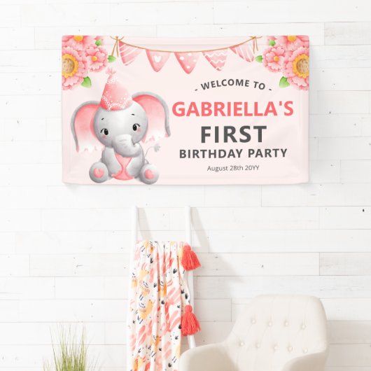 Cute Elephant Girl 1st Birthday Party Banner (Insitu)
