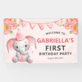 Cute Elephant Girl 1st Birthday Party Banner (Horizontaal)