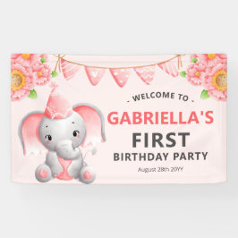 Cute Elephant Girl 1st Birthday Party Banner