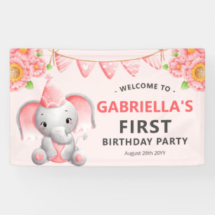 Cute Elephant Girl 1st Birthday Party Banner