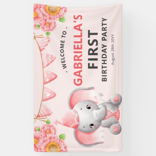 Cute Elephant Girl 1st Birthday Party Banner (Verticaal)