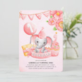Cute Elephant Girl 1st Birthday Party Invitation Kaart (Staand voorkant)
