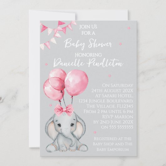 Cute Elephant, Girl Baby Shower Invitation Kaart (Voorkant)