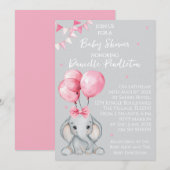 Cute Elephant, Girl Baby Shower Invitation Kaart (Voorkant / Achterkant)