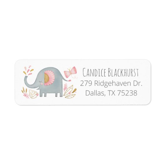 Cute Elephant Girl Baby shower Return Address Etiket (Voorkant)