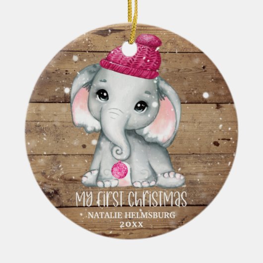 Cute Elephant Girl Baby's EERSTE CHRISTMAS Rustic Keramisch Ornament (Voorkant)
