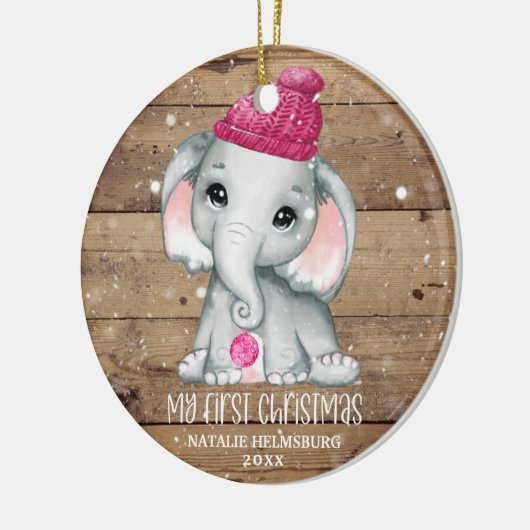Cute Elephant Girl Baby's EERSTE CHRISTMAS Rustic Keramisch Ornament (Links)
