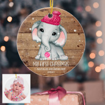 Cute Elephant Girl Baby's EERSTE CHRISTMAS Rustic