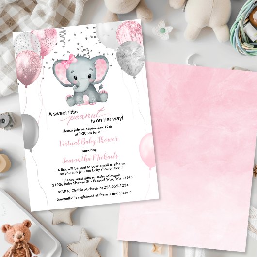Cute Elephant Girl-ballonnen Virtual Baby shower Kaart