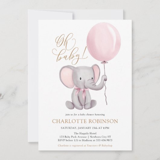 Cute Elephant Girl Balloon Baby shower Kaart (Voorkant)