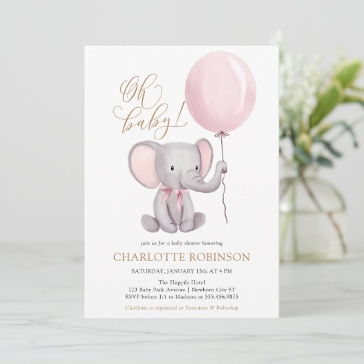 Cute Elephant Girl Balloon Baby shower Kaart (Staand voorkant)