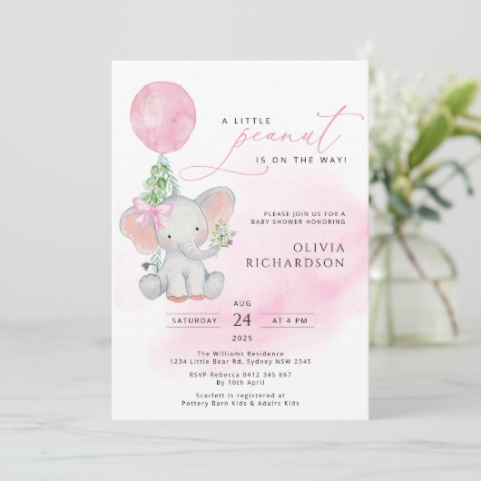 Cute Elephant Girl Balloon Baby shower Uitnodiging (Staand voorkant)