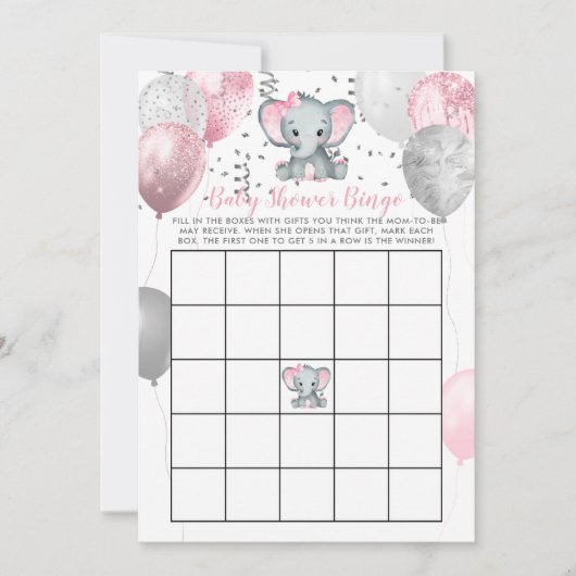 Cute Elephant Girl Balloons Baby shower Bingo Card Kaart (Voorkant)