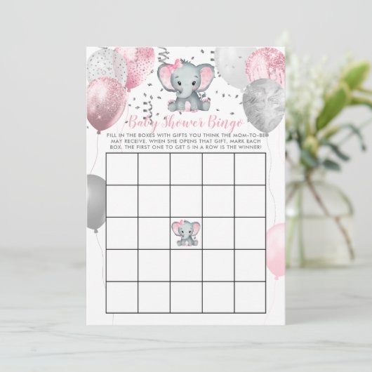 Cute Elephant Girl Balloons Baby shower Bingo Card Kaart (Staand voorkant)