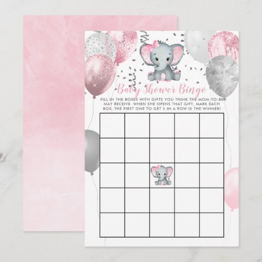 Cute Elephant Girl Balloons Baby shower Bingo Card Kaart (Voorkant / Achterkant)