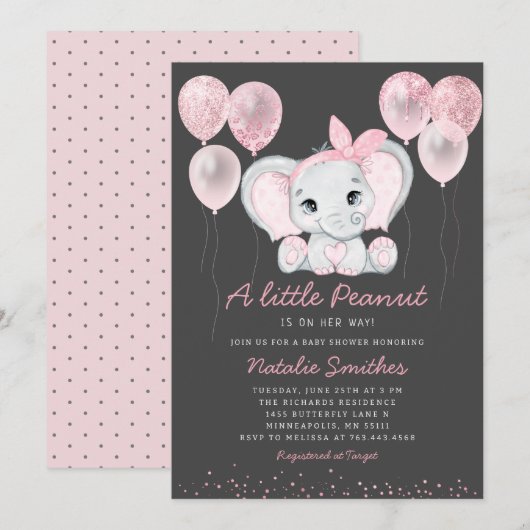 Cute Elephant Girl Balloons Baby shower Invitation Kaart (Voorkant / Achterkant)