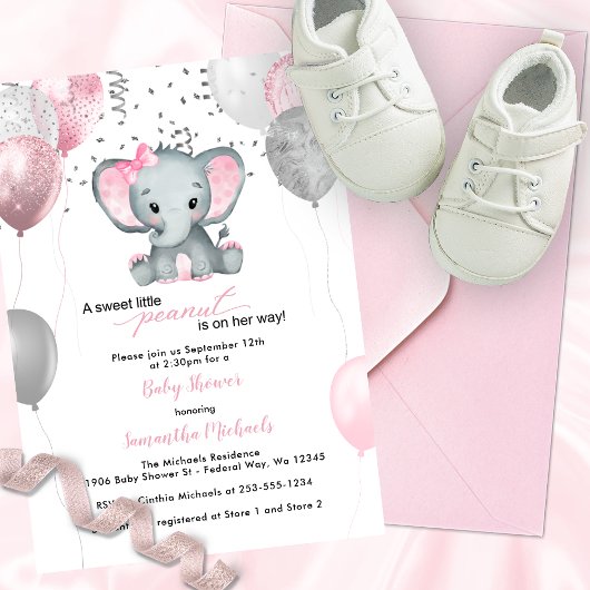 Cute Elephant Girl Balloons Baby shower Kaart
