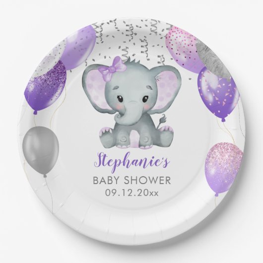 Cute Elephant Girl Balloons Baby shower Papieren Bordje (Voorkant)