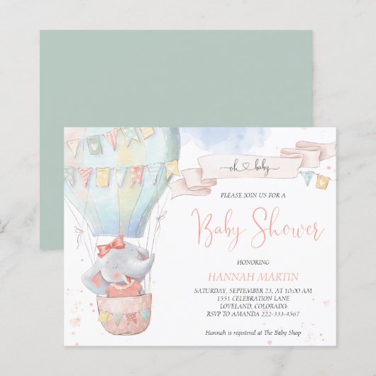 Cute Elephant Girl Budget Baby shower Invitation (Voorkant / Achterkant)