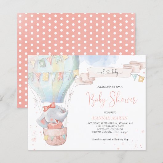 Cute Elephant Girl Pink Baby shower Invitation (Voorkant / Achterkant)