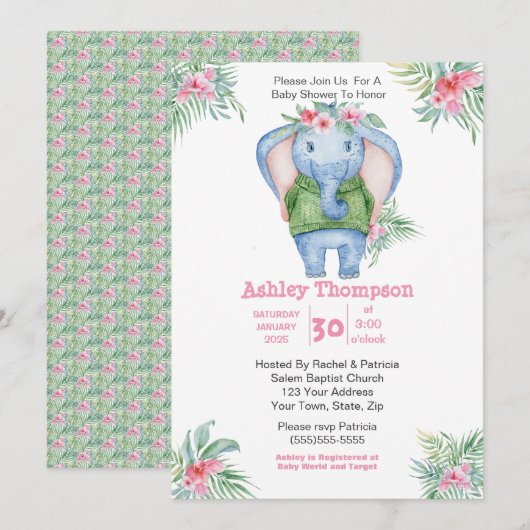 Cute Elephant Girls Baby shower Kaart (Voorkant / Achterkant)