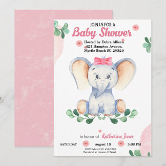 Cute Elephant Girls Baby shower Kaart