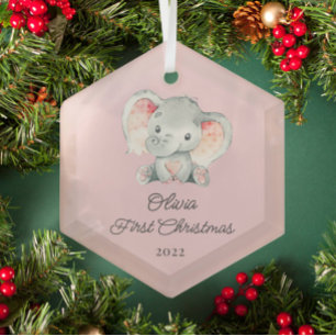 Cute Elephant Girls First Kerstmis Glas Ornament