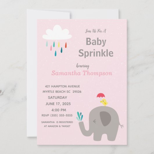 Cute Elephant Girls Pink Baby Sprinkle Shower Kaart (Voorkant)